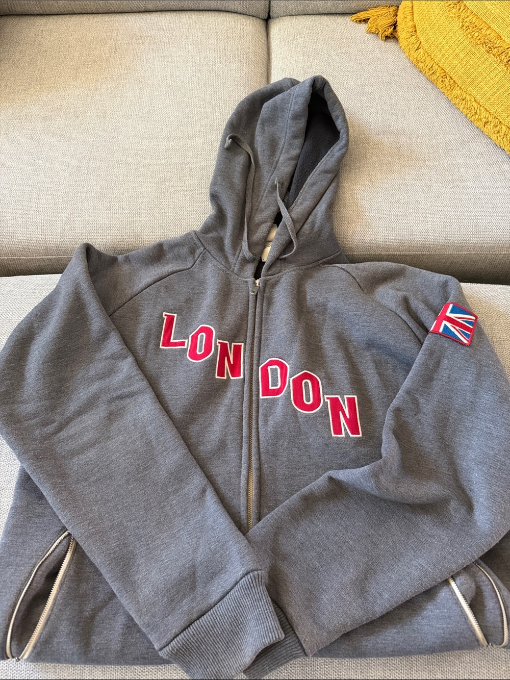 Gray Zip Hoodie with Red "LONDON" Lettering Blue Marlin Vintage